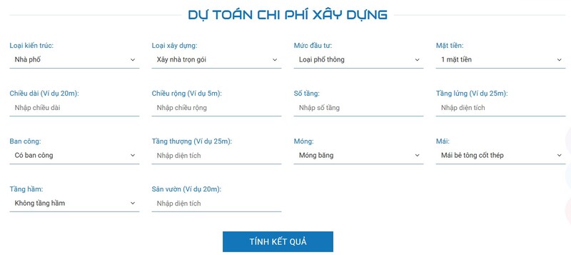 Tính năng dự tính chi phí xây dựng